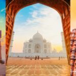 Collage of India Gate in Delhi, Taj Mahal in Agra, and Hawa Mahal in Jaipur representing Golden Triangle Hidden Gems