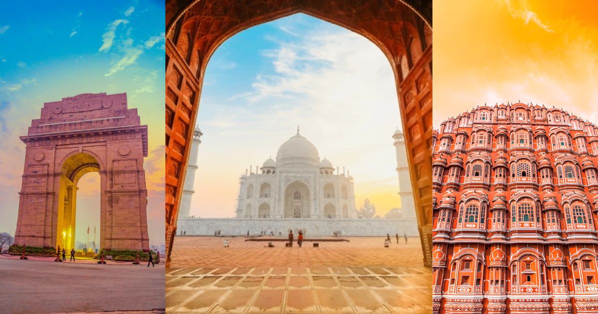 Collage of India Gate in Delhi, Taj Mahal in Agra, and Hawa Mahal in Jaipur representing Golden Triangle Hidden Gems