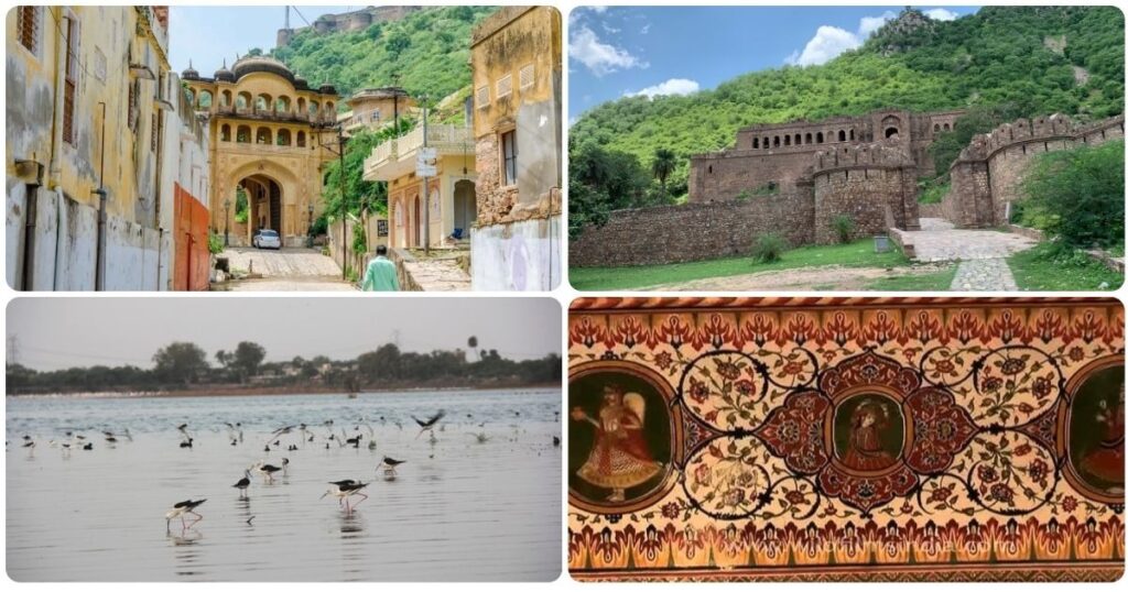 Collage of Alwar heritage streets, Bhangarh Fort, Siliserh Lake birds, and Rajasthani fresco art representing Golden Triangle Hidden Gems