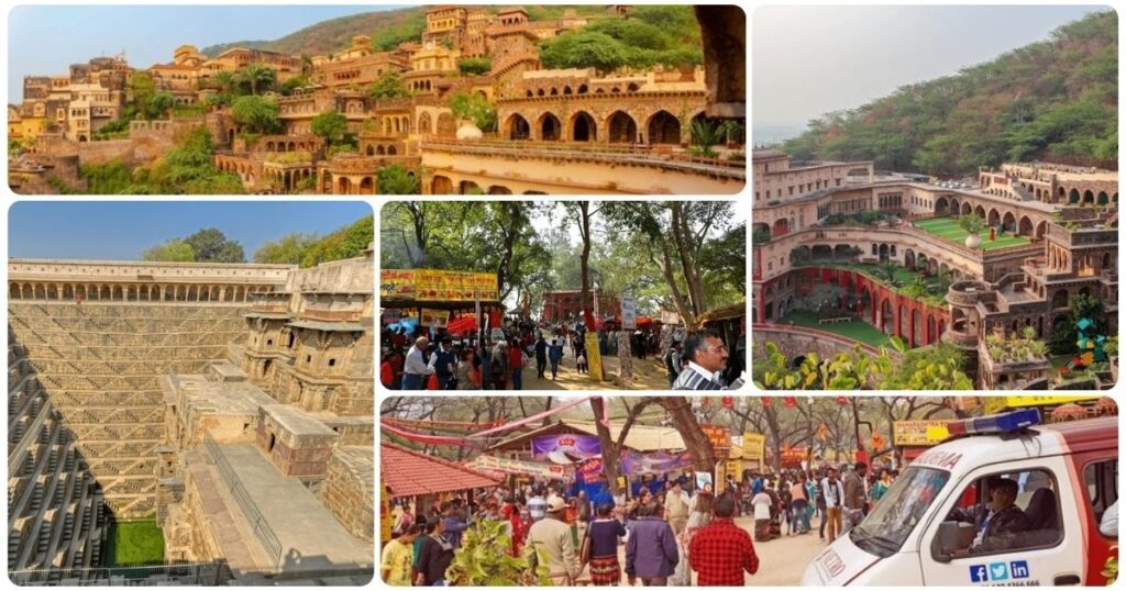 Collage of Neemrana Fort, Chand Baori stepwell, and local craft fairs showcasing Golden Triangle Hidden Gems