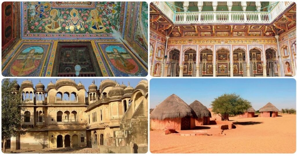 Collage of Shekhawati frescoes, Mandawa havelis, heritage palace ruins, and Rajasthan desert village huts representing Golden Triangle Hidden Gems