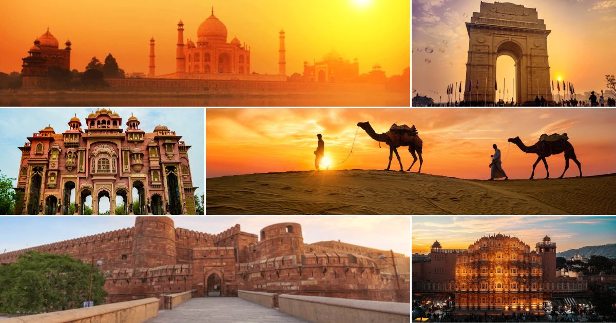 Most Popular India Tour collage featuring the Taj Mahal, India Gate, desert camel safari, forts, palaces, and historic landmarks at sunset.