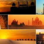 Collage featuring India Gate at sunset, Taj Mahal, and historic forts from the Golden Triangle Tour