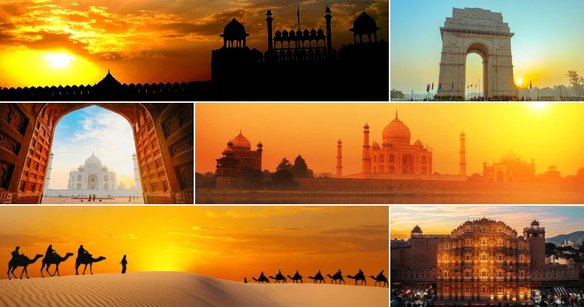 Collage featuring India Gate at sunset, Taj Mahal, and historic forts from the Golden Triangle Tour