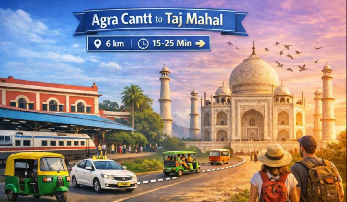 Agra Cantt to Taj Mahal distance showing a 6 km road route with taxi, auto rickshaw, and train station view