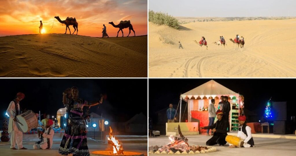 Jaisalmer desert safari collage showing camel rides, sand dunes, desert camps and cultural folk performances