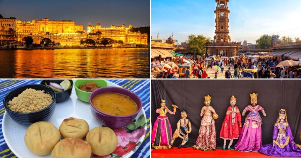 Rajasthan culture collage featuring Lake Pichola Udaipur, colorful local markets, traditional food and folk dance.