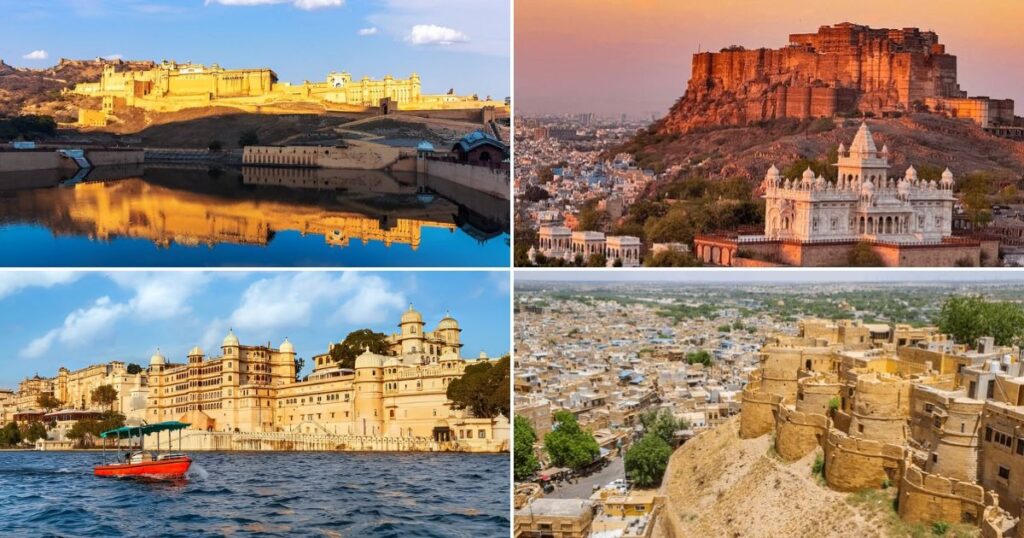 Famous forts and palaces of Rajasthan including Amber Fort, Mehrangarh Fort, City Palace Udaipur and Jaisalmer Fort