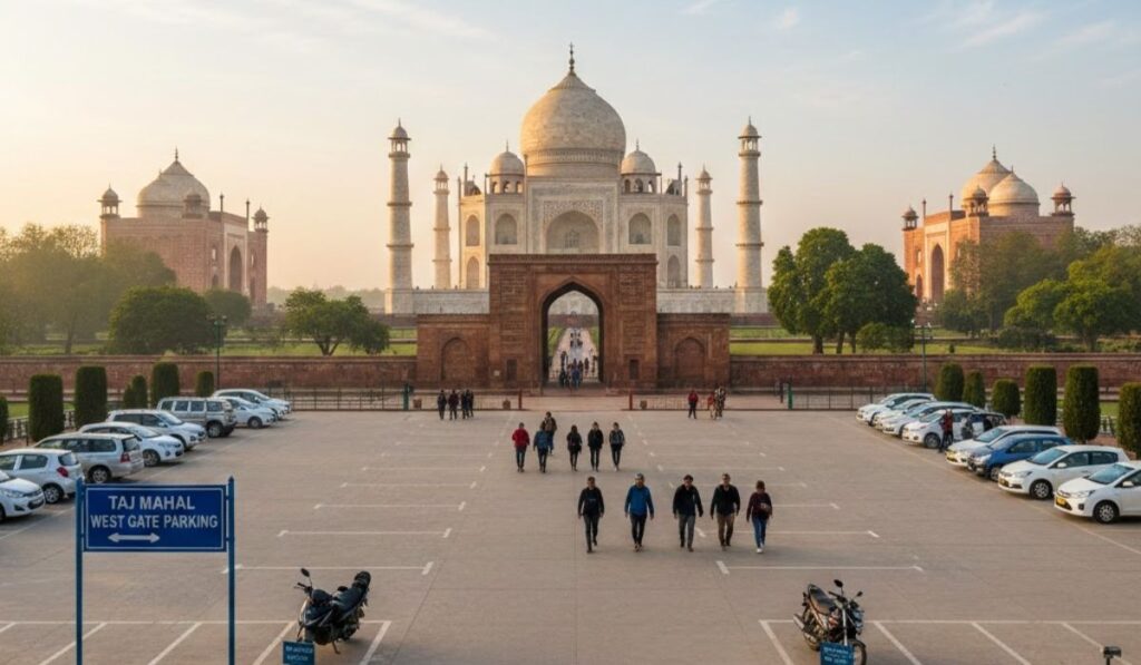Taj Mahal West Gate parking area with visitor walkway as shown in Taj Mahal Parking Guide 2026