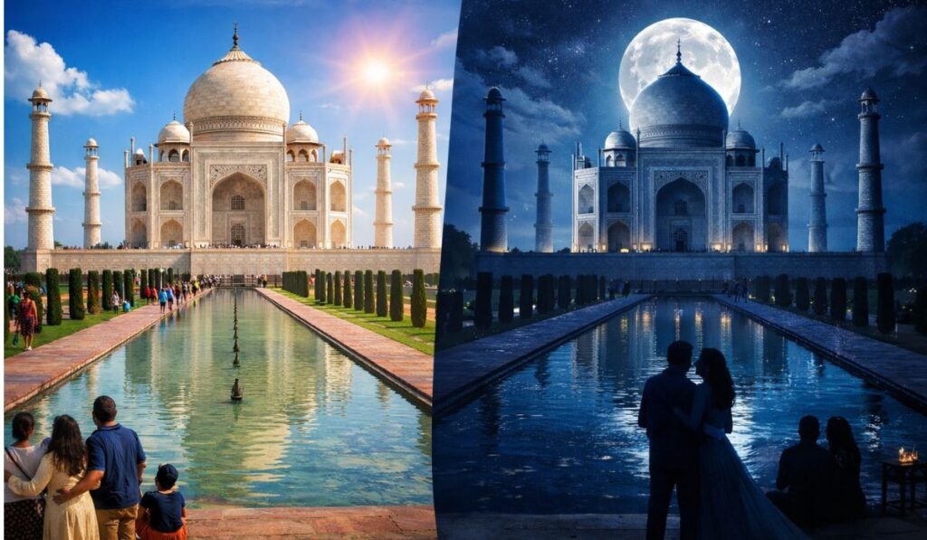 Comparison of Taj Mahal day visit and full moon night visit showing crowd levels, lighting effects, photography differences, and atmosphere