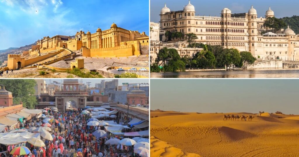 Rajasthan travel guide collage showing royal forts, palaces, desert sand dunes and colorful local markets