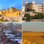 Rajasthan travel guide collage showing royal forts, palaces, desert sand dunes and colorful local markets