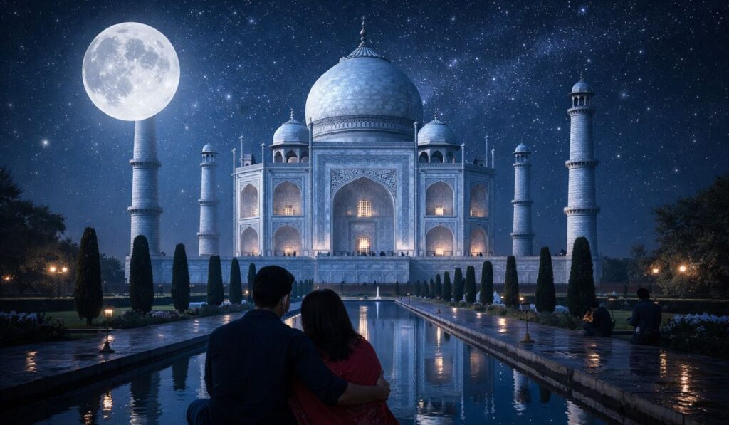Couple watching the Taj Mahal under a full moon night with reflection in water in Agra