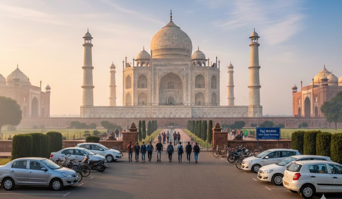 Taj Mahal parking area showing visitor entry route and vehicle parking as per Taj Mahal Parking Guide 2026