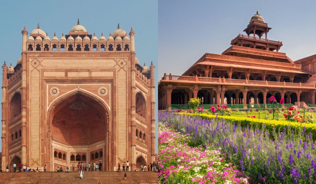 Buland Darwaza entrance and palace complex at Fatehpur Sikri near Agra with Mughal architecture and gardens