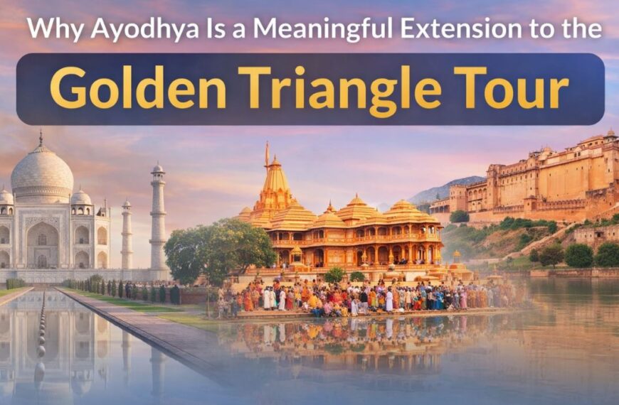 Golden Triangle Tour with Ayodhya showing Taj Mahal, Ram Mandir Ayodhya, and Jaipur fort landmarks.