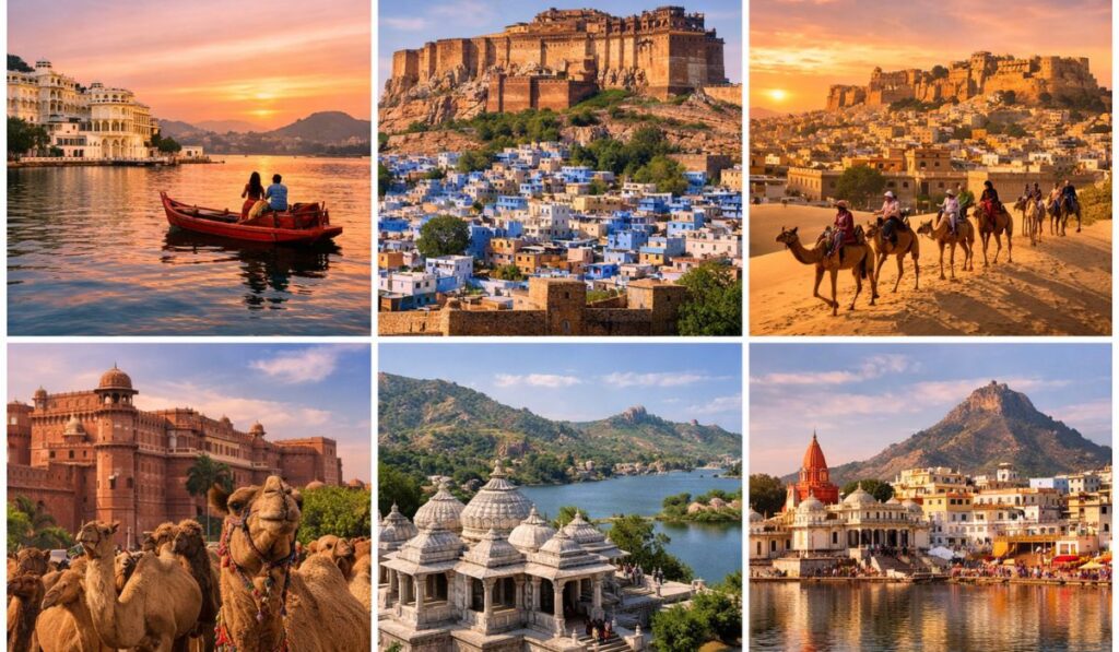 A collage showcasing Rajasthan’s scenic lakes, historic forts, blue-painted city views, desert camel safaris, temples, and vibrant cultural landscapes across different destinations.