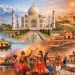 Collage of India showcasing Taj Mahal, Rajasthan forts, Himalayan mountains, Kerala backwaters, festivals like Holi, traditional dance, and coastal beaches