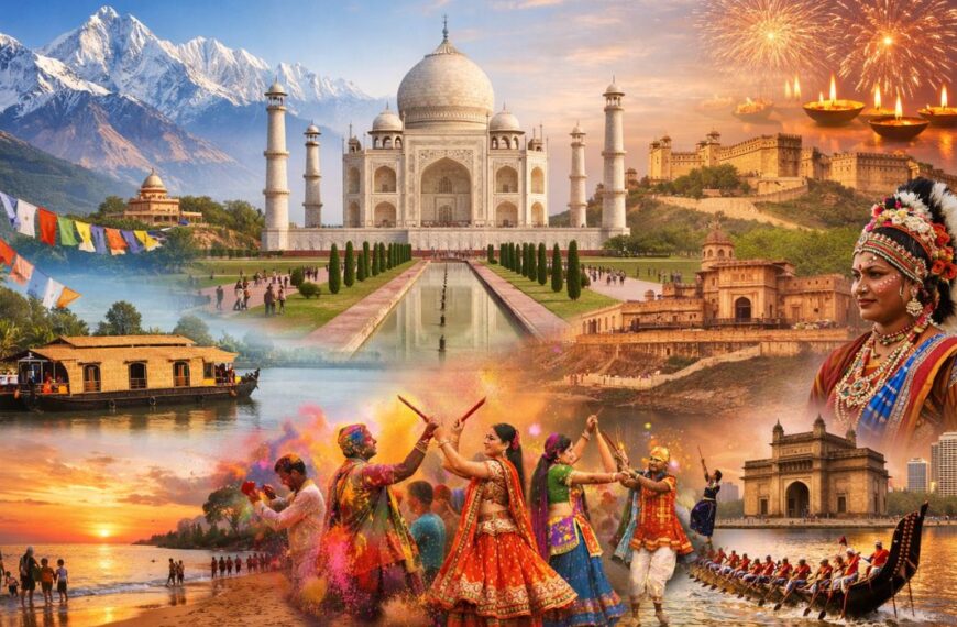 Collage of India showcasing Taj Mahal, Rajasthan forts, Himalayan mountains, Kerala backwaters, festivals like Holi, traditional dance, and coastal beaches