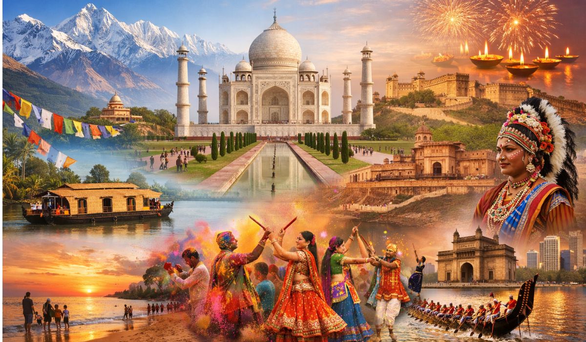 Collage of India showcasing Taj Mahal, Rajasthan forts, Himalayan mountains, Kerala backwaters, festivals like Holi, traditional dance, and coastal beaches