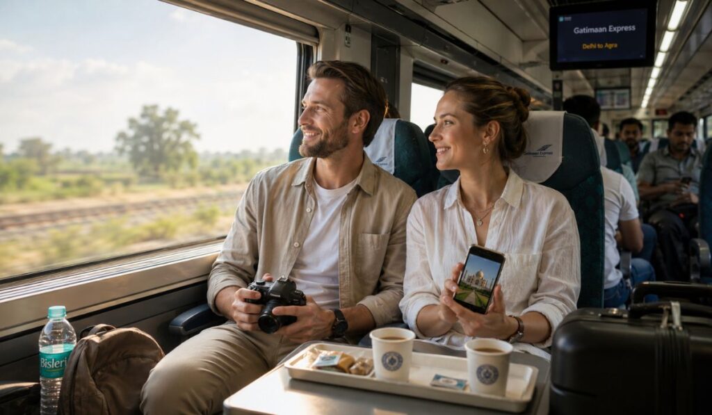 Foreign tourists enjoying comfortable train journey from Delhi to Agra on Gatimaan Express