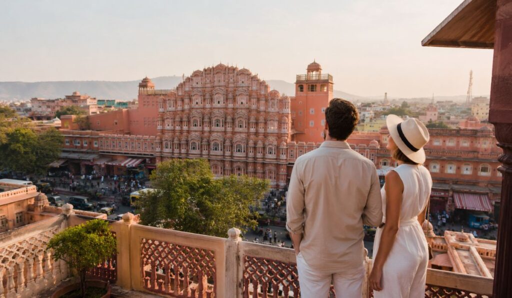 Jaipur city skyline and heritage architecture at the end of the Agra to Jaipur journey