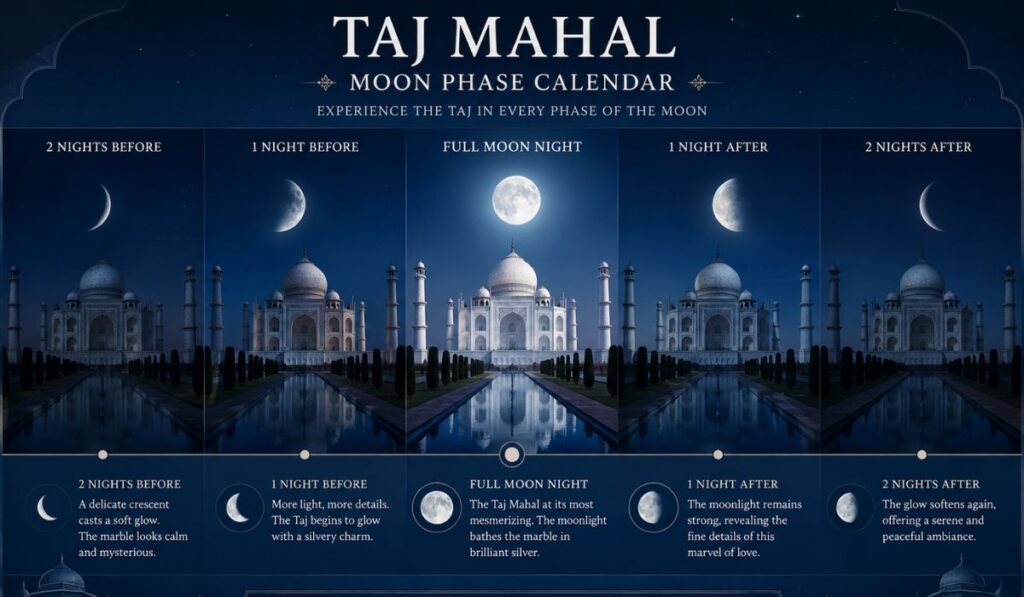 Taj Mahal moon phase calendar showing full moon night and eligible dates for night viewing in Agra