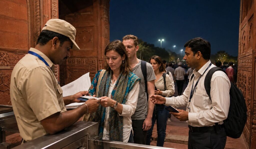 Visitors completing permit verification and security checks before Moonlight Taj Mahal Tour