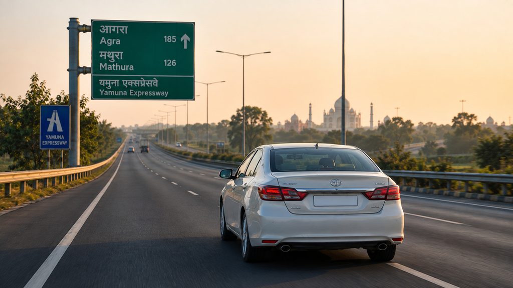 Private car traveling from Delhi to Agra via Yamuna Expressway