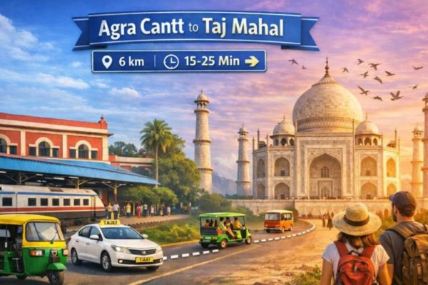 Agra Cantt to Taj Mahal distance showing a 6 km road route with taxi, auto rickshaw, and train station view
