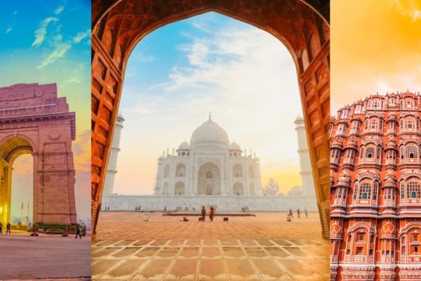 Collage of India Gate in Delhi, Taj Mahal in Agra, and Hawa Mahal in Jaipur representing Golden Triangle Hidden Gems