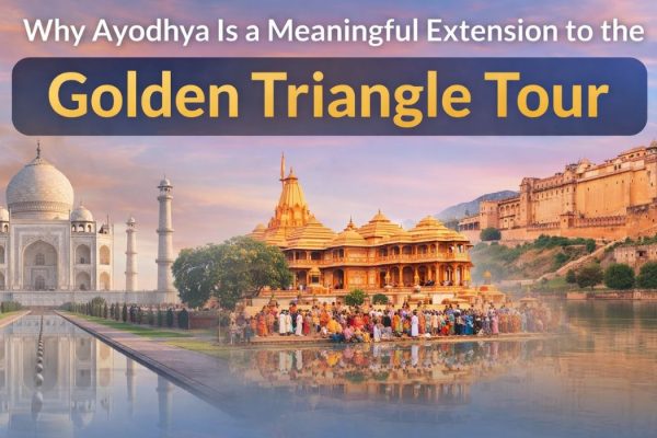 Golden Triangle Tour with Ayodhya showing Taj Mahal, Ram Mandir Ayodhya, and Jaipur fort landmarks.