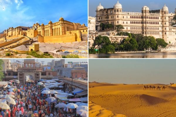Rajasthan travel guide collage showing royal forts, palaces, desert sand dunes and colorful local markets