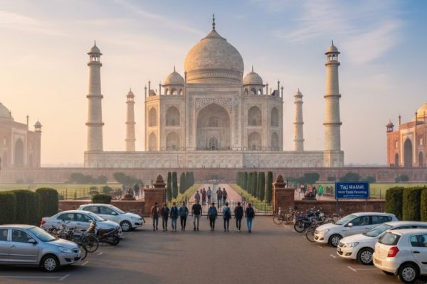 Taj Mahal parking area showing visitor entry route and vehicle parking as per Taj Mahal Parking Guide 2026
